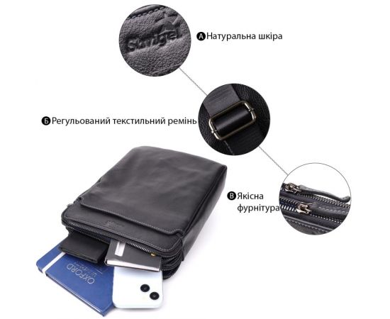 Купить Стильная мужская сумка через плечо из мелкозернистой натуральной кожи Shvigel 20869_1 Черный, фото , изображение 4, характеристики, отзывы