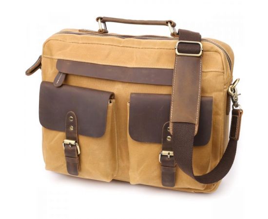 Купить Стильный портфель из качественного текстиля из кожаными вставками Vintage 20874_1 Светло-коричневый, фото , характеристики, отзывы
