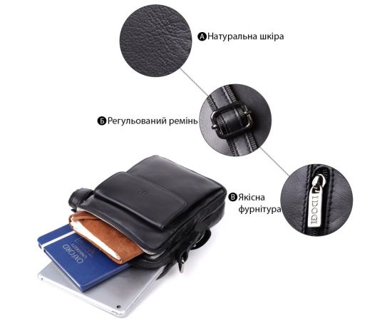 Придбати Стильная мужская сумка через плечо из натуральной кожи Tony Perotti 20882_1 (6047 nero) Черный, image , зображення 4, характеристики, відгуки