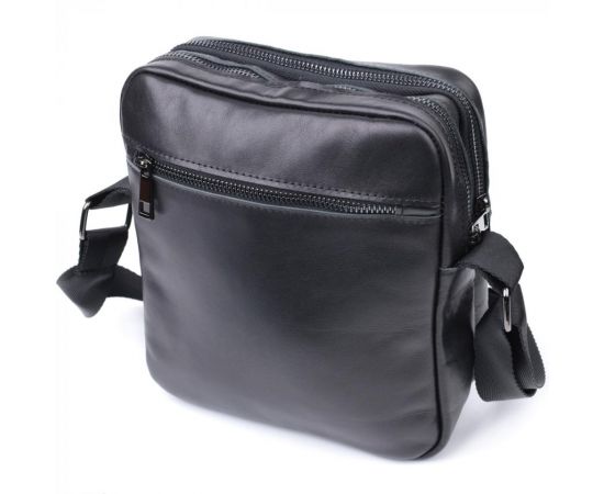 Придбати Классическая мужская сумка мессенджер из глянцевой натуральной кожи Shvigel 22846 Черная, image , зображення 2, характеристики, відгуки