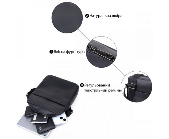 Купить Мужская сумка через плечо из матовой натуральной кожи Shvigel 22848 Черная, фото , изображение 4, характеристики, отзывы