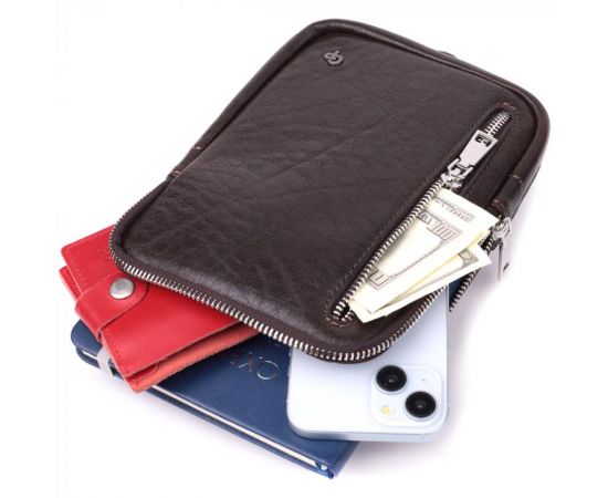 Купить Мужская прямоугольная сумка бананка из гладкой натуральной кожи GRANDE PELLE 22880 Коричневый, фото , изображение 9, характеристики, отзывы