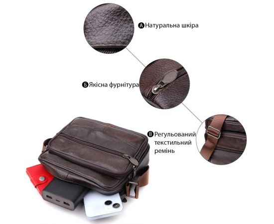 Купить Горизонтальная удобная сумка с ручкой для мужчин из натуральной кожи Vintage 22940 Коричневый, фото , изображение 4, характеристики, отзывы