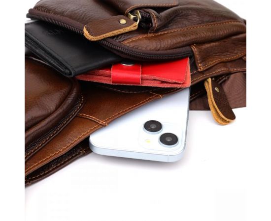 Купить Мужская сумка с большим количеством карманов из натуральной кожи Vintage 22962 Коричневый, фото , изображение 7, характеристики, отзывы