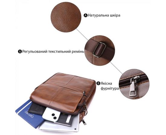 Купить Сумка для мужчин с ручкой для переноса в руке из натуральной кожи Vintage 23028 Коричневый, фото , изображение 4, характеристики, отзывы