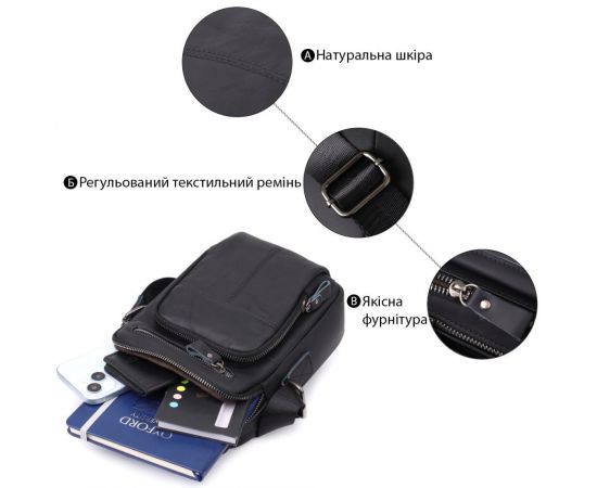 Купить Деловая мужская сумка из натуральной кожи Vintage 23036 Черный, фото , изображение 4, характеристики, отзывы