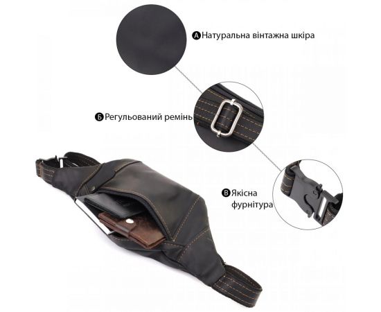 Купить Стильная сумка-бананка для мужчин из натуральной винтажной кожи Shvigel 23120 Черный, фото , изображение 4, характеристики, отзывы