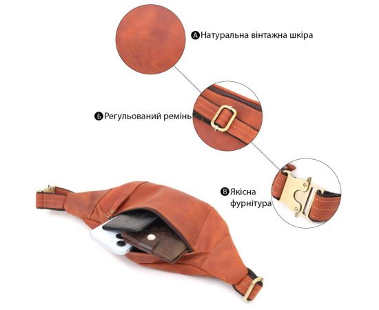 Купить Практичная сумка-бананка для мужчин из натуральной винтажной кожи Shvigel 23122 Рыжий, фото , изображение 4, характеристики, отзывы