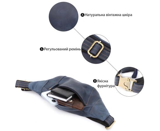 Купить Красивая сумка-бананка для мужчин из натуральной винтажной кожи Shvigel 23123 Синий, фото , изображение 4, характеристики, отзывы