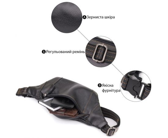 Купить Привлекательная сумка-бананка для мужчин из натуральной зернистой кожи Shvigel 23127 Черный, фото , изображение 4, характеристики, отзывы