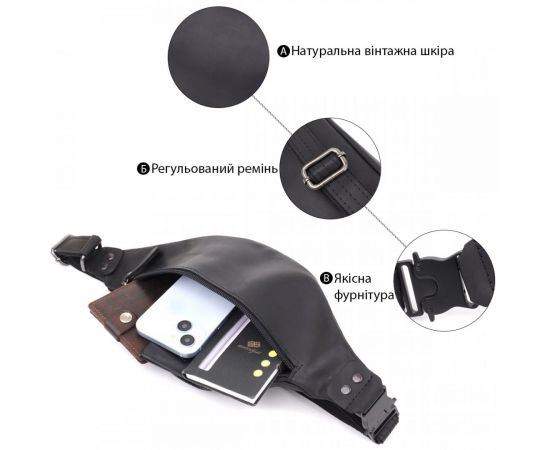 Купить Мужская бананка из натуральной винтажной кожи Shvigel 23129 Черный, фото , изображение 4, характеристики, отзывы