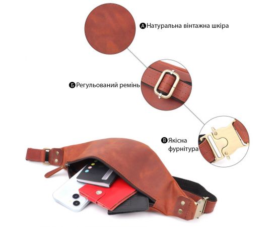 Купить Мужская практичная бананка из натуральной винтажной кожи Shvigel 23131 Рыжий, фото , изображение 4, характеристики, отзывы