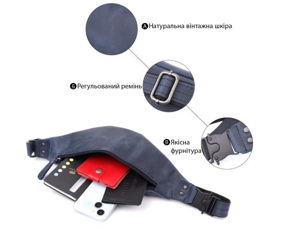 Купить Мужская удобная бананка из натуральной винтажной кожи Shvigel 23132 Синий, фото , изображение 4, характеристики, отзывы