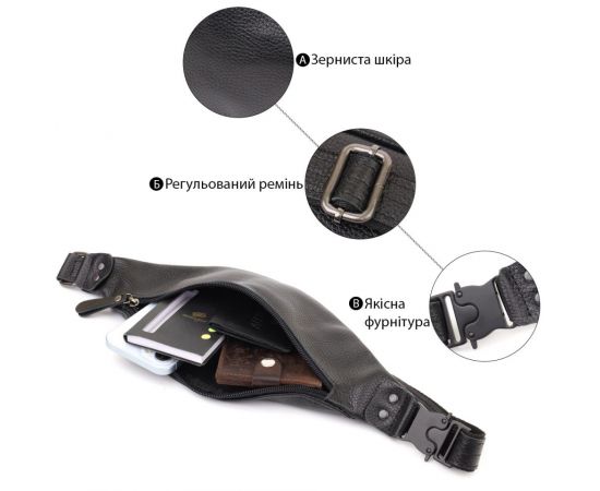 Купить Удобная сумка бананка для мужчин из зернистой натуральной кожи Shvigel 23136 Черный, фото , изображение 4, характеристики, отзывы