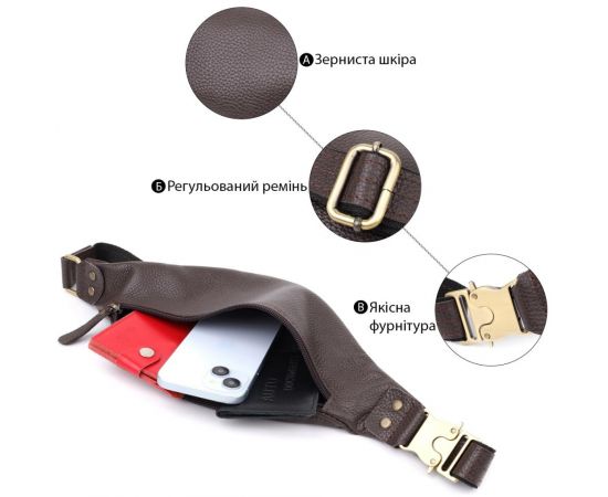 Купить Модная сумка бананка для мужчин из зернистой натуральной кожи Shvigel 23137 Коричневый, фото , изображение 4, характеристики, отзывы