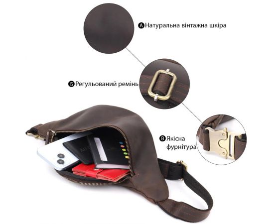 Купить Добротная сумка бананка для мужчин из винтажной натуральной кожи Shvigel 23139 Коричневый, фото , изображение 4, характеристики, отзывы