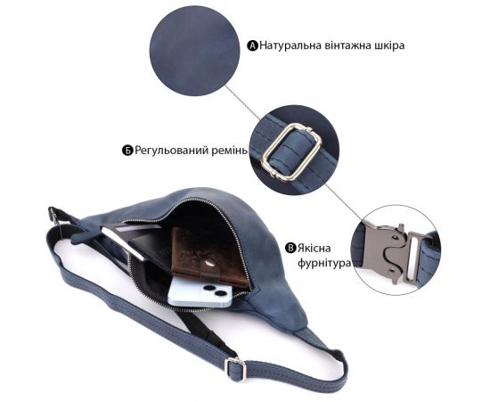 Купить Мужская бананка отменного качества из винтажной натуральной кожи Shvigel 23141 Синий, фото , изображение 4, характеристики, отзывы