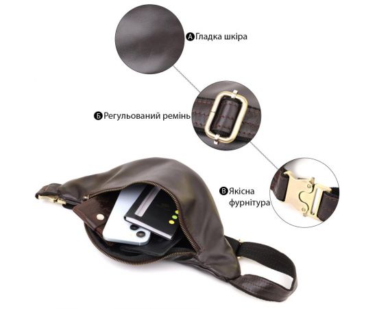 Купить Сумка бананка отменного качества из гладкой натуральной кожи Shvigel 23144 Коричневый, фото , изображение 4, характеристики, отзывы