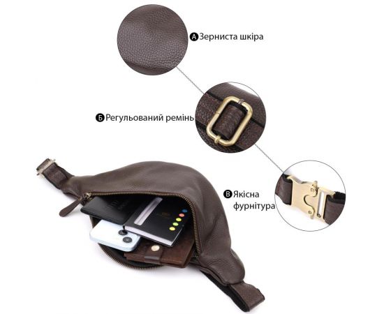 Купить Стильная сумка бананка из зернистой натуральной кожи Shvigel 23146 Коричневый, фото , изображение 4, характеристики, отзывы