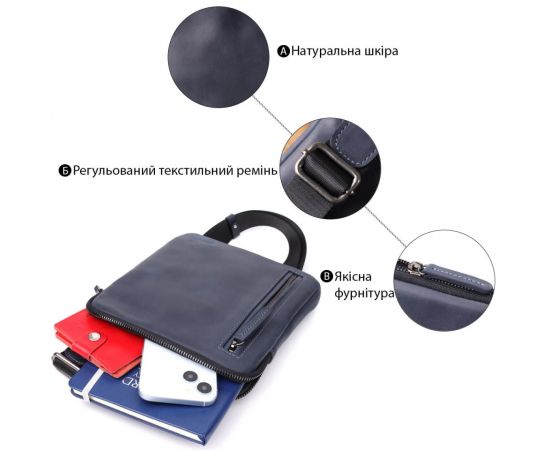 Купить Сумка небольшого размера для мужчин на плечо из натуральной винтажной кожи Shvigel 23148 Синий, фото , изображение 4, характеристики, отзывы