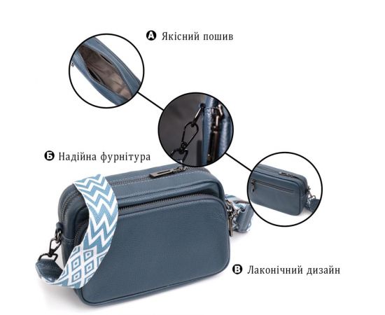 Придбати Интересная женская сумка кросс-боди из натуральной кожи Vintage 22297 Синяя, image , зображення 4, характеристики, відгуки