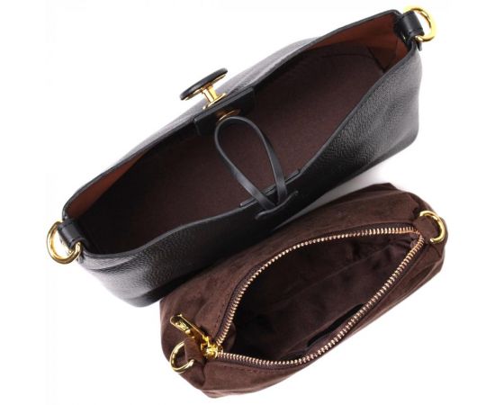 Купить Женская сумка с оригинальной застежкой пуговкой из натуральной кожи Vintage 22319 Черная, фото , изображение 7, характеристики, отзывы