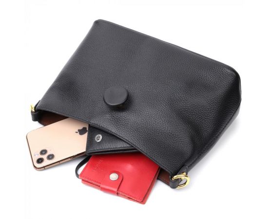 Купить Женская сумка с оригинальной застежкой пуговкой из натуральной кожи Vintage 22319 Черная, фото , изображение 8, характеристики, отзывы