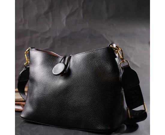 Купить Женская сумка с оригинальной застежкой пуговкой из натуральной кожи Vintage 22319 Черная, фото , изображение 9, характеристики, отзывы