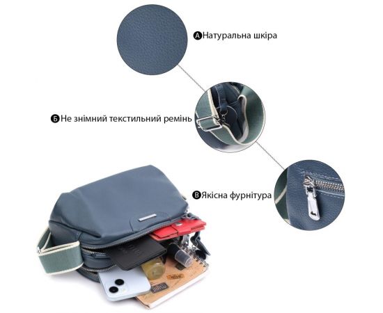 Купить Отменная сумка на каждый день с двумя отделениями из натуральной кожи Vintage 22595 Синяя, фото , изображение 4, характеристики, отзывы