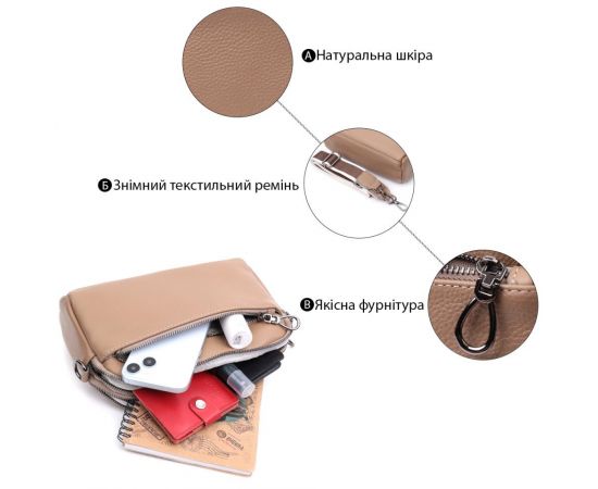 Купить Женская стильная сумка из натуральной кожи Vintage 22599 Бежевая, фото , изображение 4, характеристики, отзывы