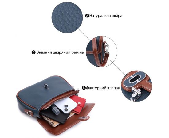 Придбати Сумка женская с фактурным клапаном из натуральной кожи Vintage 22622 Синяя, image , зображення 4, характеристики, відгуки