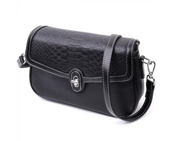 Купить Элегантная женская сумка с фактурным клапаном из натуральной кожи Vintage 22624 Черная, фото , характеристики, отзывы