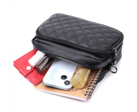 Придбати Женская сумка прошитая ромбами на лицевой стороне из натуральной кожи Vintage 22634 Черная, image , зображення 10, характеристики, відгуки