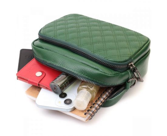 Купить Небольшая женская сумка прошитая ромбами на лицевой стороне из натуральной кожи Vintage 22635 Зеленая, фото , изображение 10, характеристики, отзывы