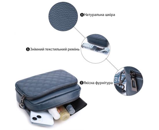 Придбати Стильная женская сумка прошитая ромбами на лицевой стороне из натуральной кожи Vintage 22636 Синяя, image , зображення 4, характеристики, відгуки