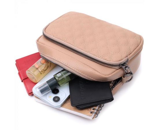 Купить Модная женская сумка прошитая ромбами на лицевой стороне из натуральной кожи Vintage 22637 Бежевая, фото , изображение 10, характеристики, отзывы