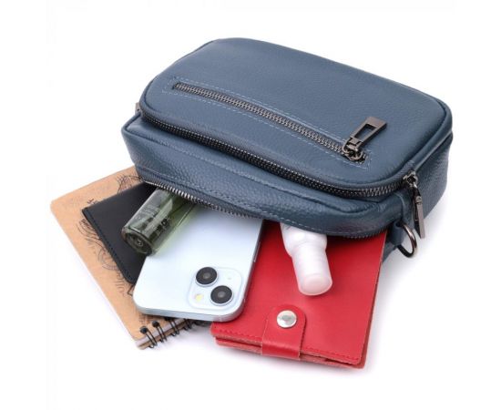 Купить Оригинальная женская сумка с накладным карманом из натуральной кожи Vintage 22641 Синяя, фото , изображение 10, характеристики, отзывы