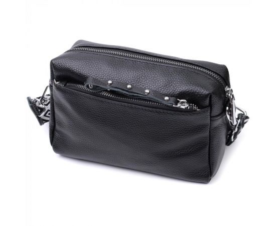 Купить Практичная женская кожаная сумка из стильным бегунком Vintage 22654 Черная, фото , изображение 2, характеристики, отзывы
