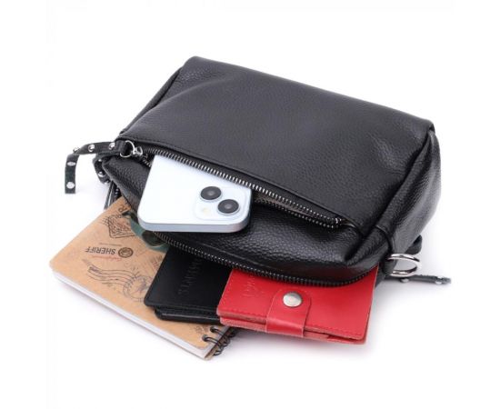 Купить Практичная женская кожаная сумка из стильным бегунком Vintage 22654 Черная, фото , изображение 10, характеристики, отзывы