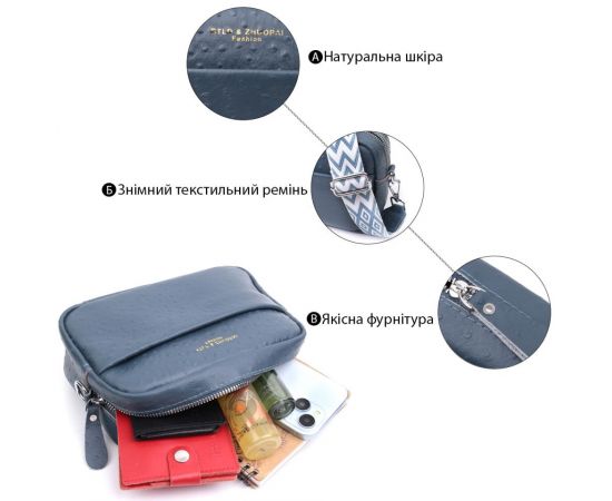 Придбати Интересная сумка для женщин из фактурной натуральной кожи Vintage 22661 Синяя, image , зображення 4, характеристики, відгуки