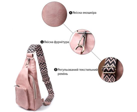 Придбати Женская сумка с акцентом на текстильную лямку из гладкой экокожи Vintage 22772 Розовый, image , зображення 4, характеристики, відгуки