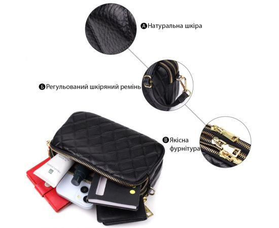 Купить Сумка из натуральной кожи с тремя отделениями для женщин Vintage 22890 Черный, фото , изображение 5, характеристики, отзывы