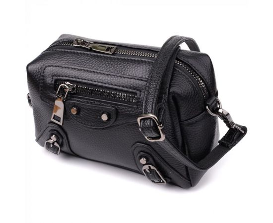 Придбати Модная женская сумка из натуральной кожи с актуальным декором Vintage 22922 Черный, image , характеристики, відгуки