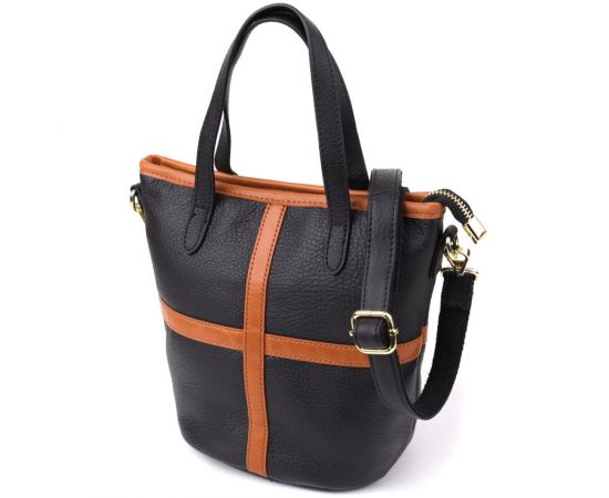 Придбати Женская кожаная сумка с коричневой вставкой на лицевой стороне Vintage 22997 Черный, image , характеристики, відгуки