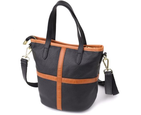 Придбати Женская кожаная сумка с коричневой вставкой на лицевой стороне Vintage 22997 Черный, image , зображення 2, характеристики, відгуки