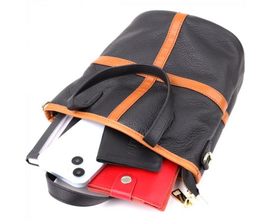 Придбати Женская кожаная сумка с коричневой вставкой на лицевой стороне Vintage 22997 Черный, image , зображення 8, характеристики, відгуки