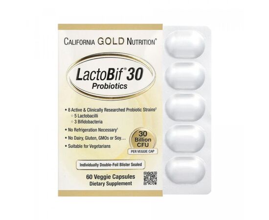 Купить Пробиотики, LactoBif 30 Probiotics - 60 veg caps - California Gold Nutrition, фото , характеристики, отзывы