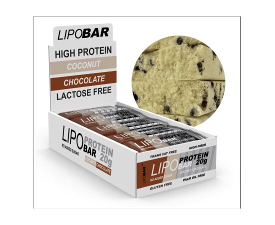 Придбати Протеїновий батончик Lipobar - 20x50g Coconut With Chocolate Crisps ( Кокос з шоколадними чіпсами ), image , характеристики, відгуки