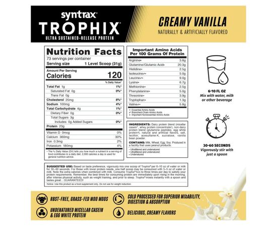 Купить Комплексный протеин, Trophix - 2270g Creamy Vanilla (Сливки+ваниль)- Syntrax, фото , изображение 2, характеристики, отзывы