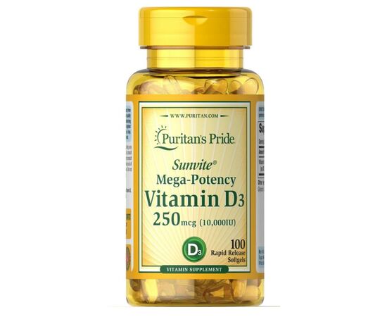 Купить Витамин D3 (Vitamin D3 250mcg(10000 IU) Mega-Potency) - 100 softgels - Puritans Pride, фото , характеристики, отзывы